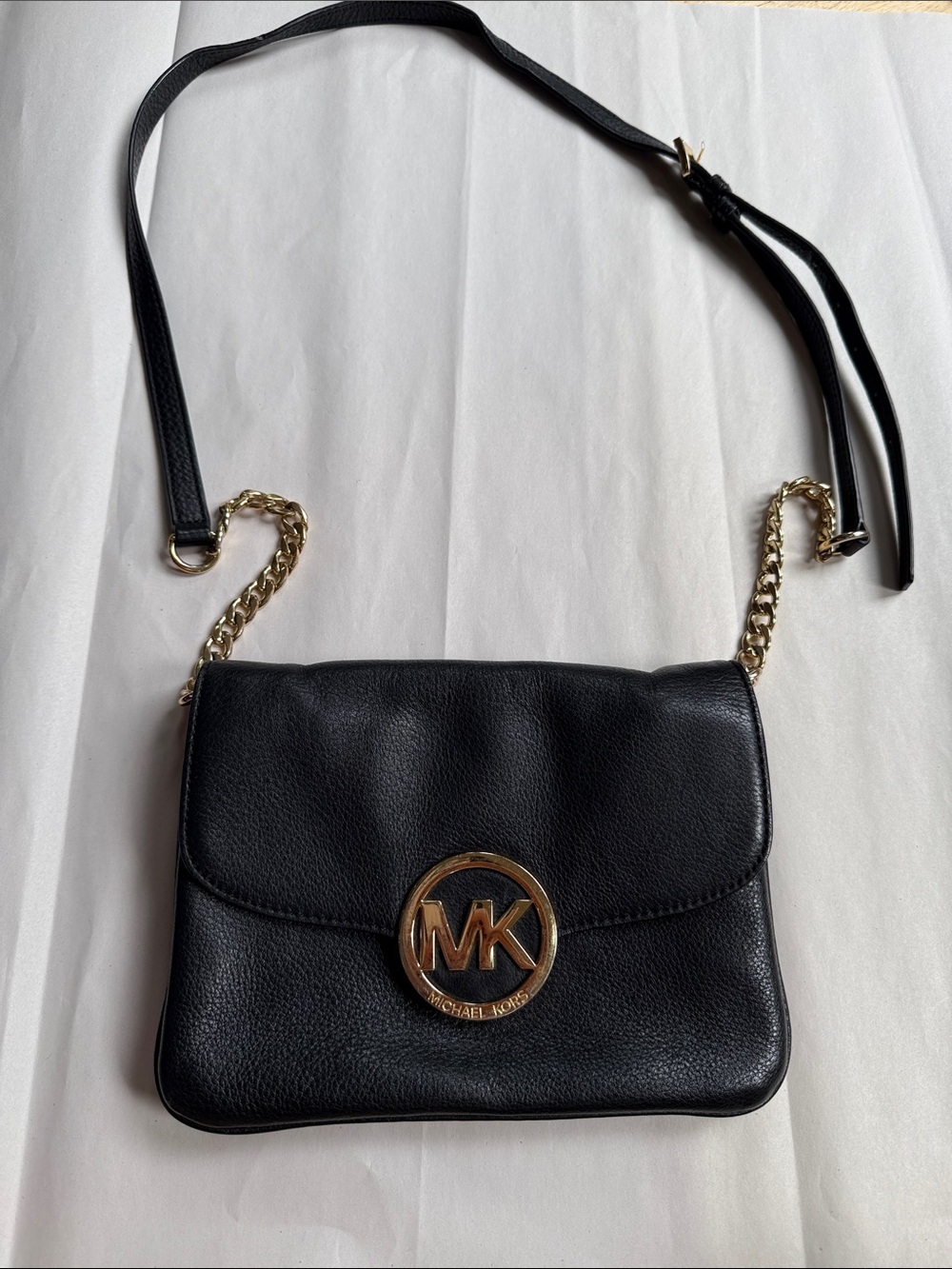 Michael Kors Black Leather Crossbody with Gold MK Emblem